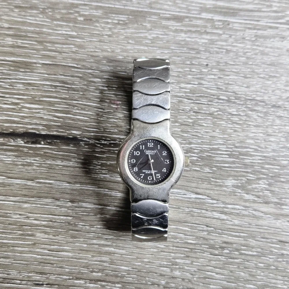 Carriage by Timex Indiglo Watch Black Dial Round Silver Tone Case Stretch Band 6